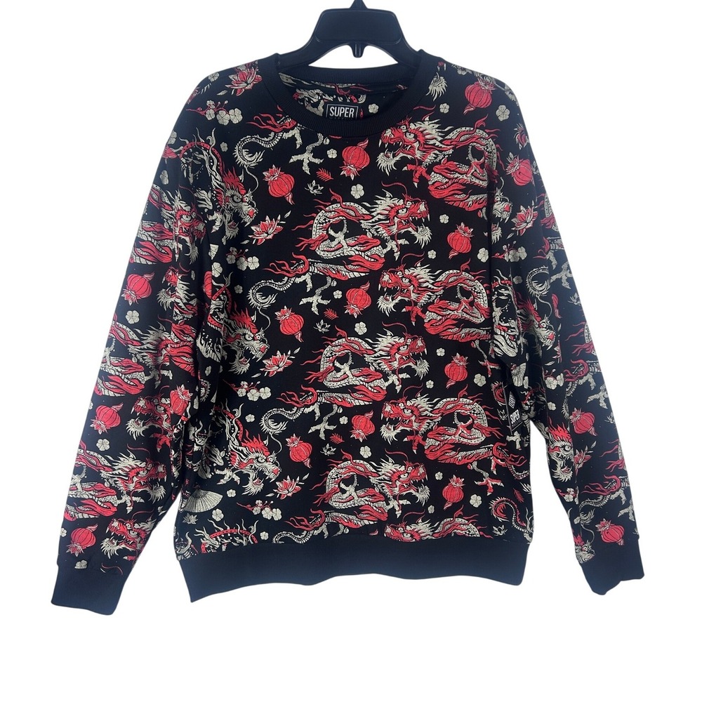 SUPER MASSIVE‎ Dragon Lantern Print Crewneck Sweatshirt Black Red Large NEW